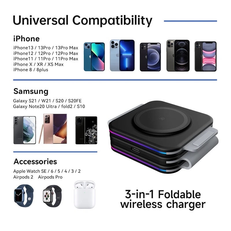 Custom 3 in 1 Foldable Portable Travel Magnetic 15W Fast Charger