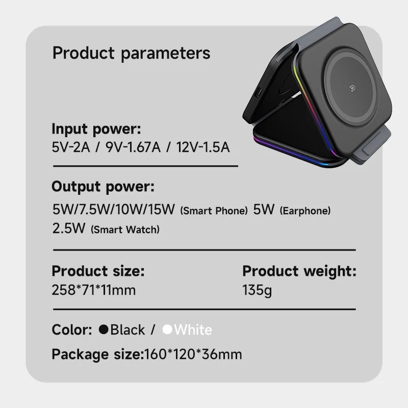 Custom 3 in 1 Foldable Portable Travel Magnetic 15W Fast Charger