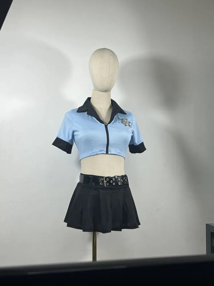6Pcs Blue Sexy Police Uniform Adult Womens Halloween Party Cosplay Cop Outfit Police Costume Top+Skirt+Hat+Handcuffs+Baton+Belt