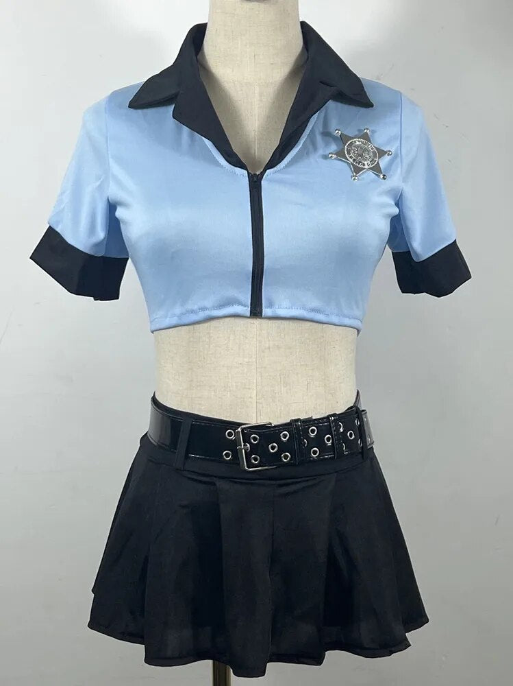 6Pcs Blue Sexy Police Uniform Adult Womens Halloween Party Cosplay Cop Outfit Police Costume Top+Skirt+Hat+Handcuffs+Baton+Belt