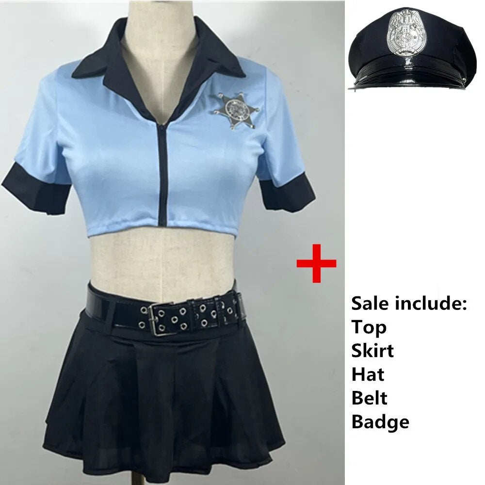 Sexy Women Police Office Uniform Set Cosplay Fancy Dress Costume Cuffs Belt  Hat